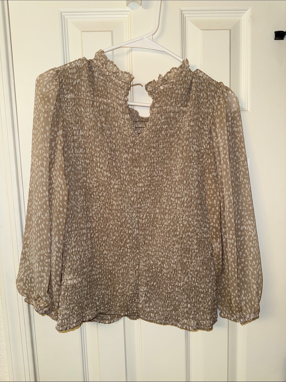 Express Neutral Smocked Ruffled Neck Blouse - Picture 6 of 7